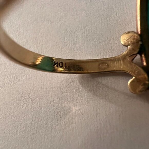 REAL 10k Yellow Gold ANTIQUE Green Agate Ring Sz 6 Victorian Navette Chrysoprase - Picture 12 of 16